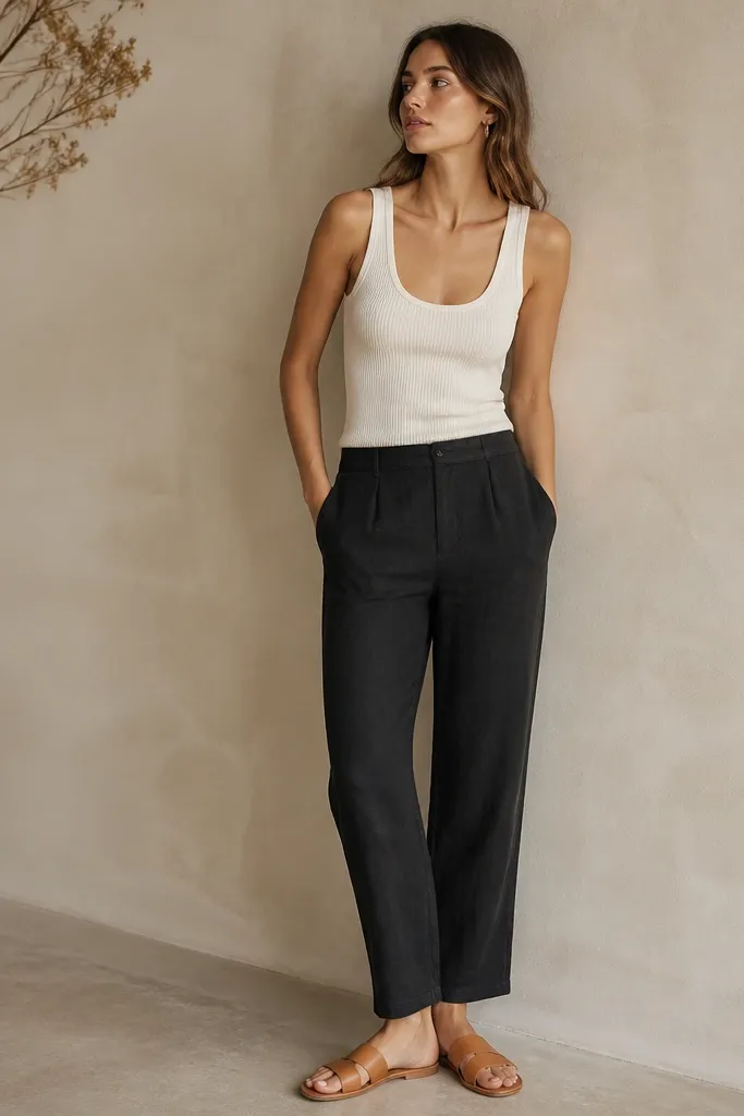 Model wears black linen pants with a straight leg and subtle hidden side pockets. The hem hits just above the sandal straps. Feet are in tan smooth leather slides with minimal straps.