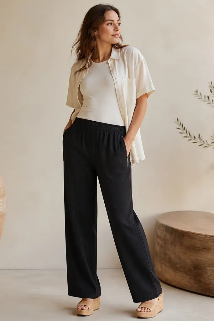 Black linen pants fall to the top of tan cork wedge sandals. The pants show a small zip detail near the front pocket area. The look includes a cream short-sleeve button-up worn open over a fitted tee.