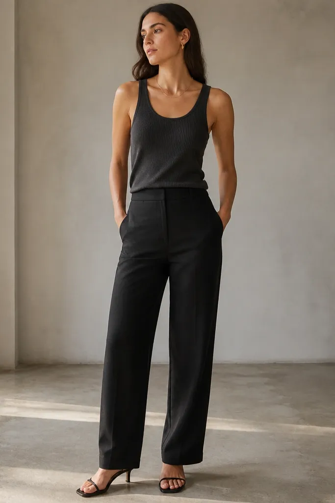 Black linen pants with a smooth front and a subtle internal pocket opening at the side seam. The model wears black strappy sandals with a low heel and thin straps. A charcoal ribbed tank is tucked lightly into the waistband.
