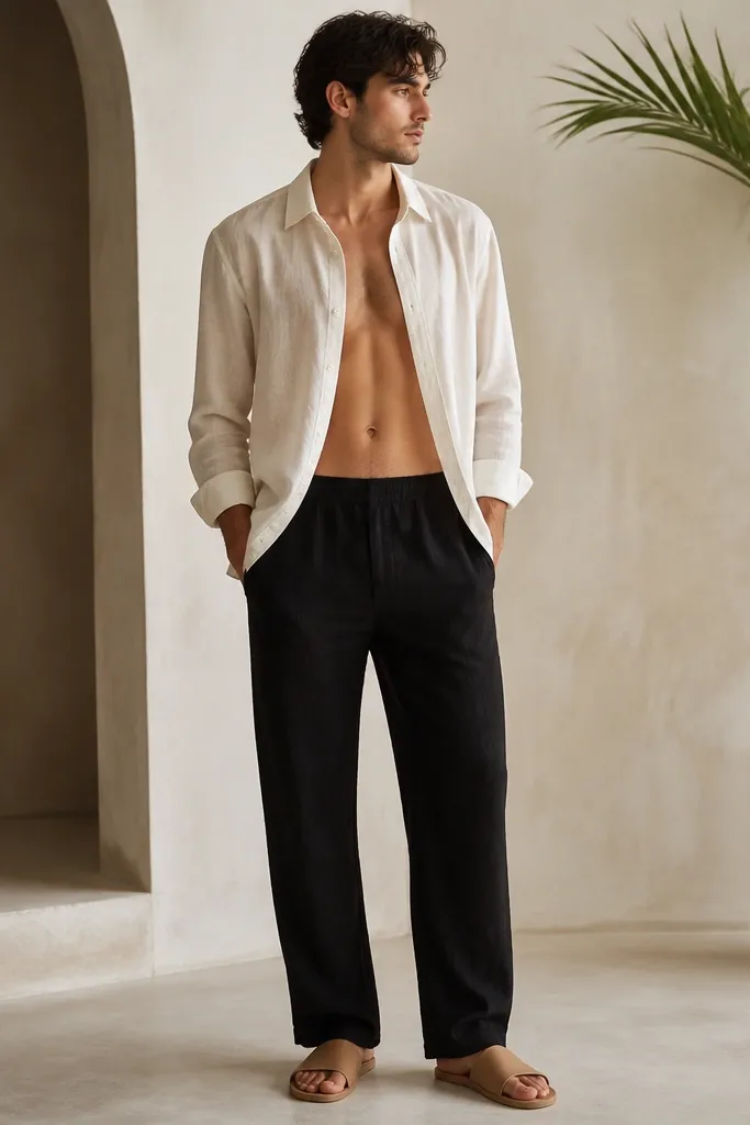Black linen pants with storage pockets at the side seams. The model wears a cream linen button-up shirt worn open over the pants. Sandals are tan leather with a single strap. No belt is visible.