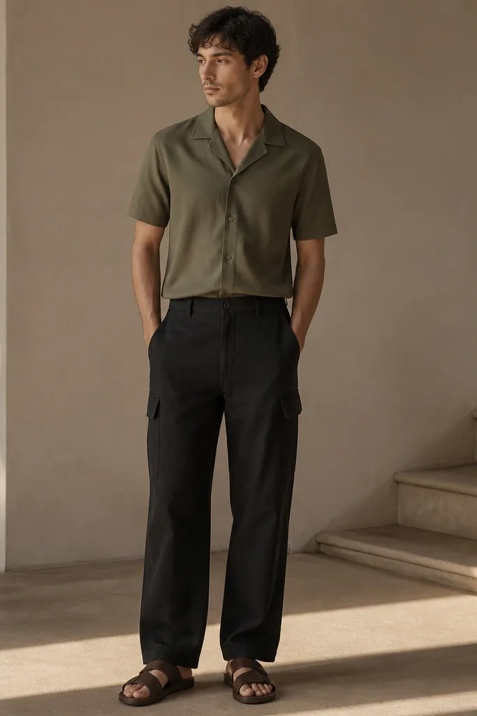 Black linen cargo-style pants with flap pockets that sit flat. Olive camp collar shirt is buttoned and tucked at the front. The model wears dark brown sandals with two straps.