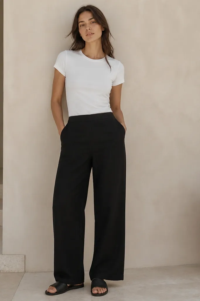 Black linen pants with a smooth front and a concealed deeper pocket on the inner waistband area. A plain white fitted tee is tucked in. The model wears black slide sandals with a slight texture on the strap.