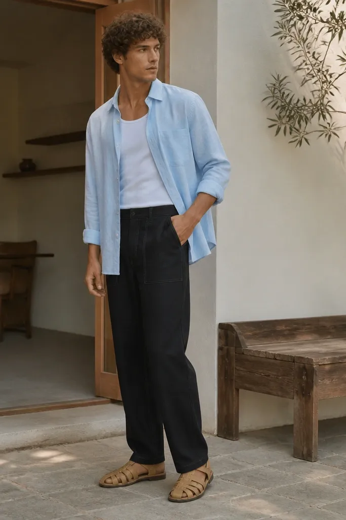 Black linen pants with visible side pocket stitching. A light sky-blue button-up is worn open over a white tank. Tan fisherman sandals have a woven strap look.