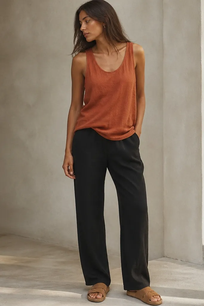 Black linen pants with a subtle drawstring inside the waistband area and a hidden pocket seam. A rust terry tank is worn loose. The model wears tan suede sandals with wide straps.