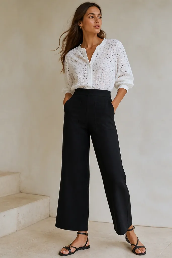 Black linen pants with flat patch pockets near the hips. A white eyelet blouse is worn tucked in at the waist. Sandals are black leather ankle-strap flats with a small gold buckle.