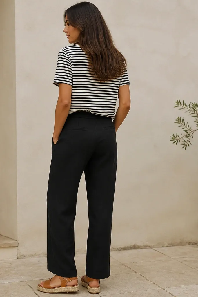 Black linen pants with a smooth back and a subtle hidden pocket seam. A black-and-cream striped tee is worn slightly tucked. Feet are in espadrille sandals with a jute-wrapped sole and tan straps.