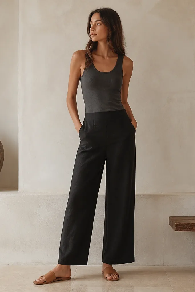 Black linen pants with a clean front and internal pocket divider seam visible at the side opening. A charcoal tank is worn tucked. Tan slides with a minimal strap sit on the foot.