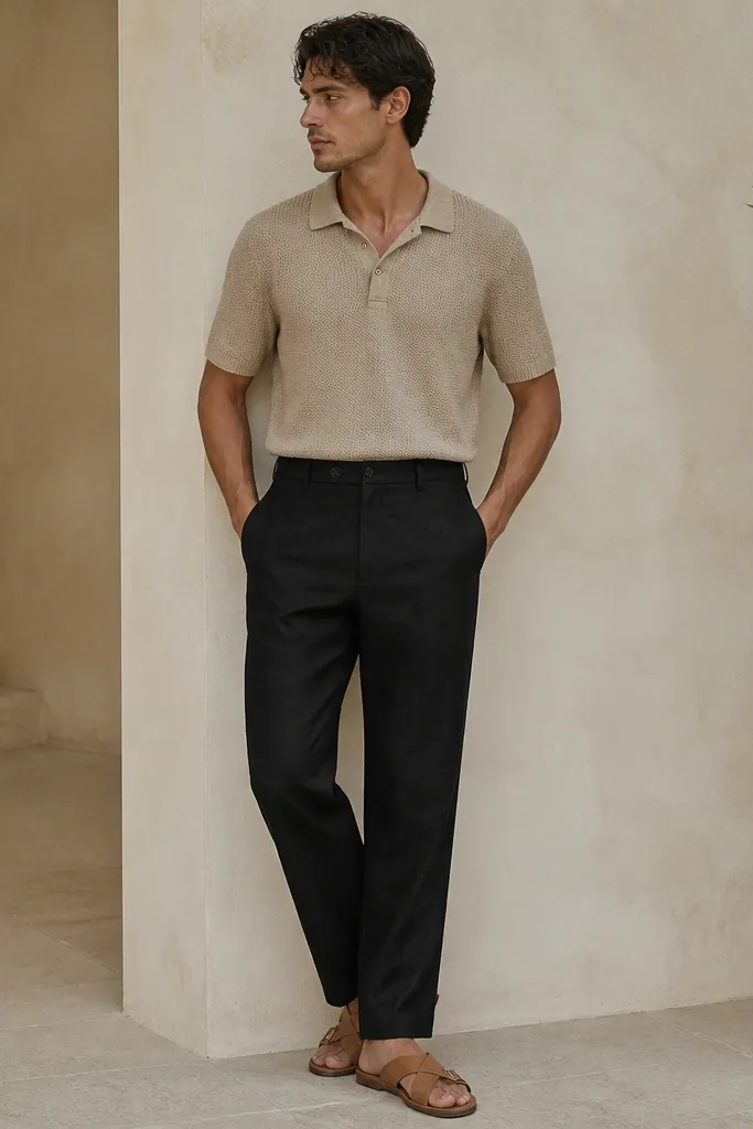 Black linen pants with side welt pockets that look tailored. A beige knit polo is worn tucked with a relaxed fit. Feet are in tan leather sandals with a simple buckle.