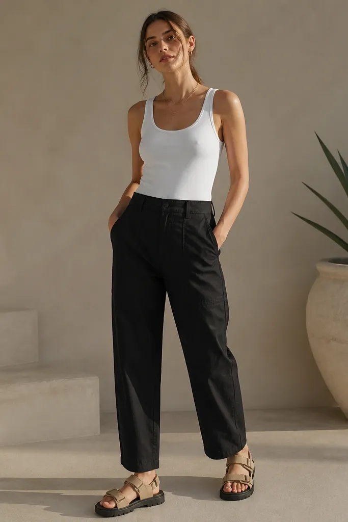 Black linen pants with belt loops and subtle storage seams. A white tank is tucked into the waistband. Tan hiking-style sandals have thicker straps and a grippy sole.
