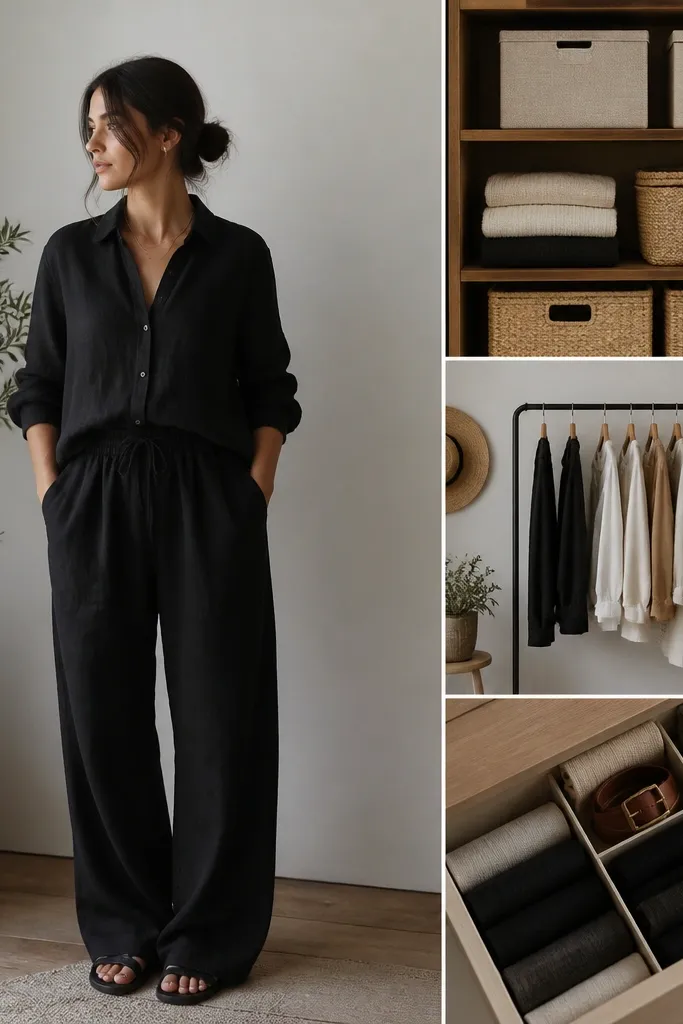 Black linen pants outfit with storage ideas