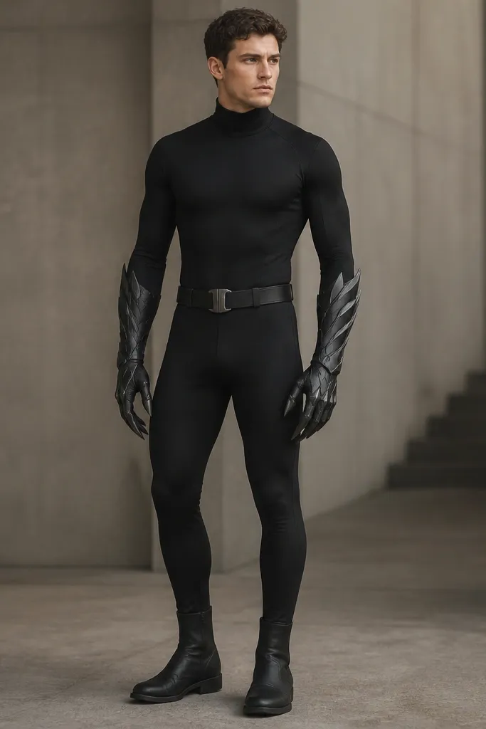 A man wearing a fully black, matte scuba-knit bodysuit with a high collar. He has sculpted, silver-accent gauntlets that look like clawed armor at the fingertips. The outfit is paired with black ankle boots and a simple utility belt with a small silver buckle.