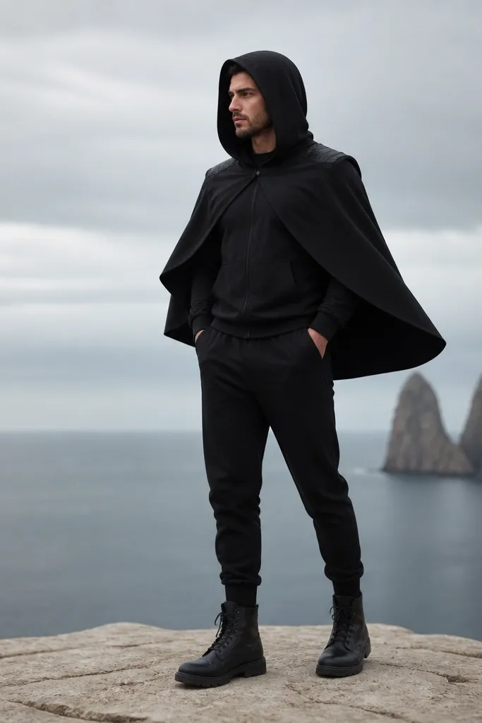 A man in a fitted black hoodie with a hood up, wearing a short cape that drapes from the shoulders. Under the cape edge, you can see darker raised shoulder panels. He's wearing black joggers tapered at the ankle and black lace-up boots.