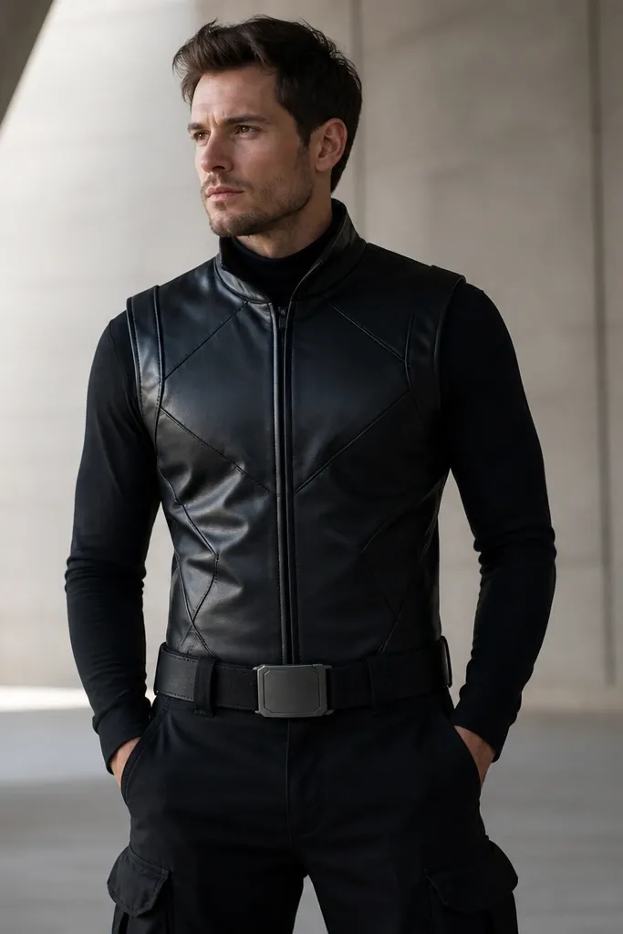 A man wearing a fitted black long-sleeve shirt under a black faux leather vest with angular panel seams. The vest has subtle raised lines and a high collar. He wears black cargo pants and a wide belt with a dark metal center plate.