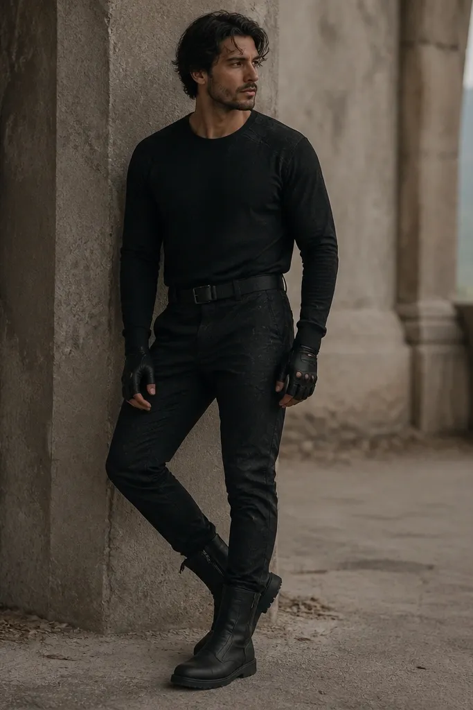 A man wearing black long-sleeve top and pants that are black with subtle charcoal geometric patterning. A thin black belt sits at the waist. He's wearing black mid-calf boots and black fingerless gloves.