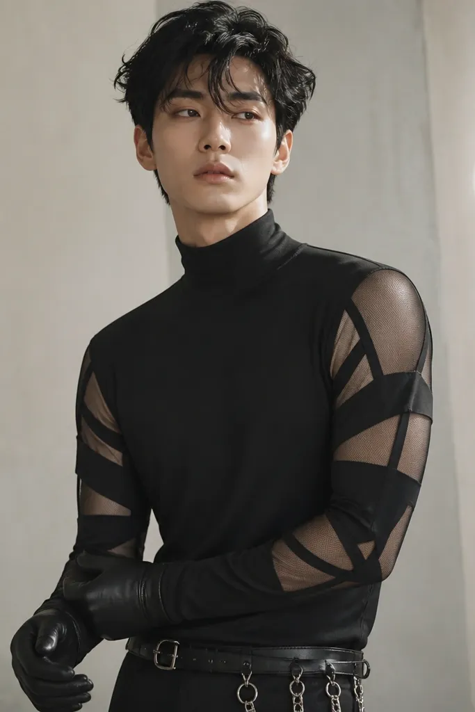 A man wearing a black high-collar turtleneck. Over the forearms and upper arms are layered black mesh panel sleeves with angular cutouts. He has black gloves and a belt with small metal rings.