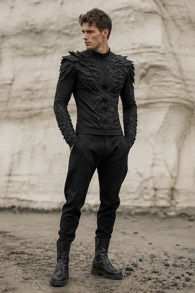 A man wearing a black fitted shirt with raised foam strips along the chest and shoulders. The foam edges look like jagged leaf armor. He wears black shorts or slim pants and black boots.