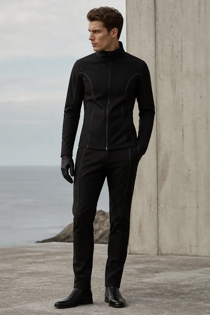 A man in an all-black fitted outfit with visible seam tape lines running like design channels. There are subtle zipper lines along the sides of the jacket and pants. He's wearing black gloves and sleek black shoes.