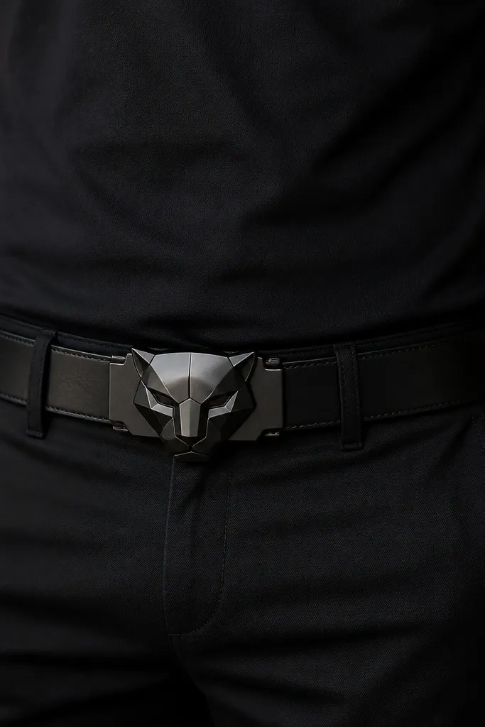 A close-up centered on a wide black belt with a dark metal panel buckle shaped like a stylized panther emblem. The man wears a simple black fitted shirt and black pants, letting the belt be the focal point.