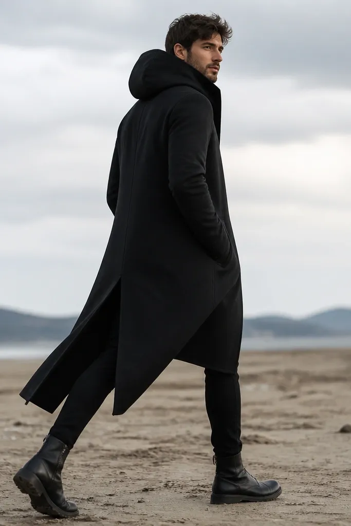A man wearing a long black hooded coat that falls to mid-calf with a split hem. The hood is structured. He wears fitted black pants and black boots, creating a strong walking silhouette.