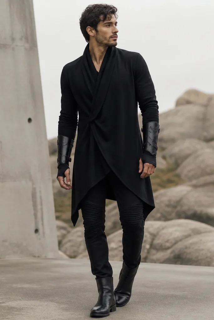 A man wearing a fitted black cardigan wrap style, with a draped front. On his arms are faux leather bracers with angular trim. He has black pants and black boots.