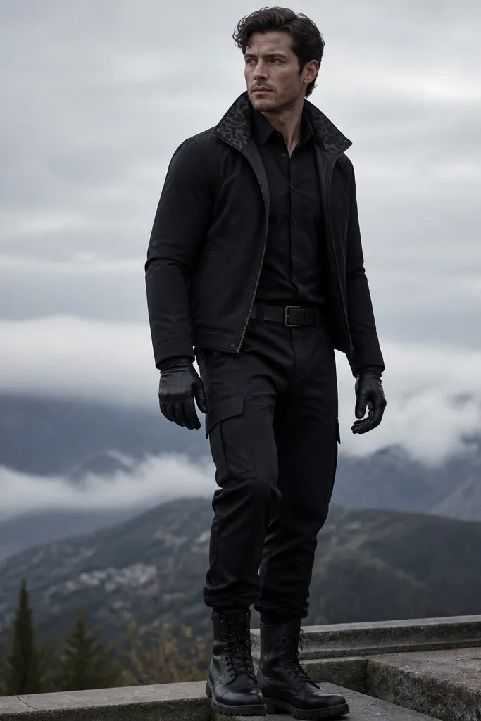 A man in a black shirt and pants with a tactical cut, paired with a short black jacket. The lining at the collar shows a subtle panther-like pattern in dark gray. He wears black gloves and boots.