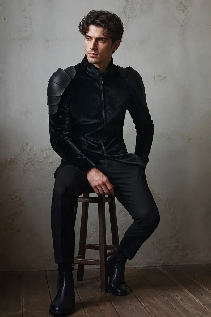 A man wearing a black top with a velvet-like finish that catches light softly. Around the shoulders and upper arms are matte rubber armor edges painted black. He pairs it with slim black pants and black boots.