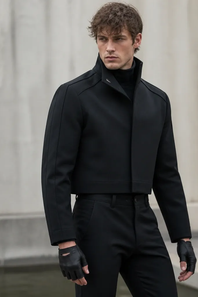 A man wearing a cropped black jacket that ends at the mid-waist, with a raised collar and subtle raised seams. He has fingerless black gloves and black slim pants. A small silver accent is on the collar seam.
