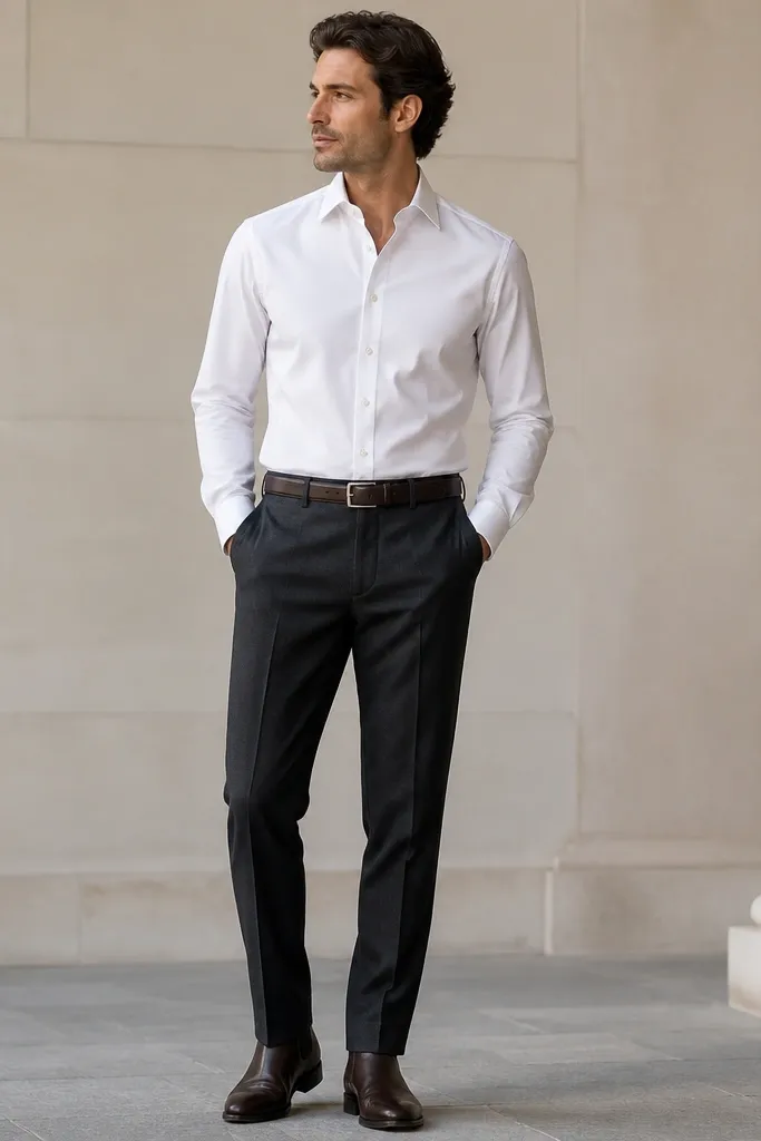 A man wearing dark brown Chelsea boots with a slim elastic gore, charcoal wool trousers with a slight break over the boot, and a crisp white Oxford shirt tucked in. A black leather belt matches the boots. The photo shows a clean, minimal event look from mid-thigh up to the boots.