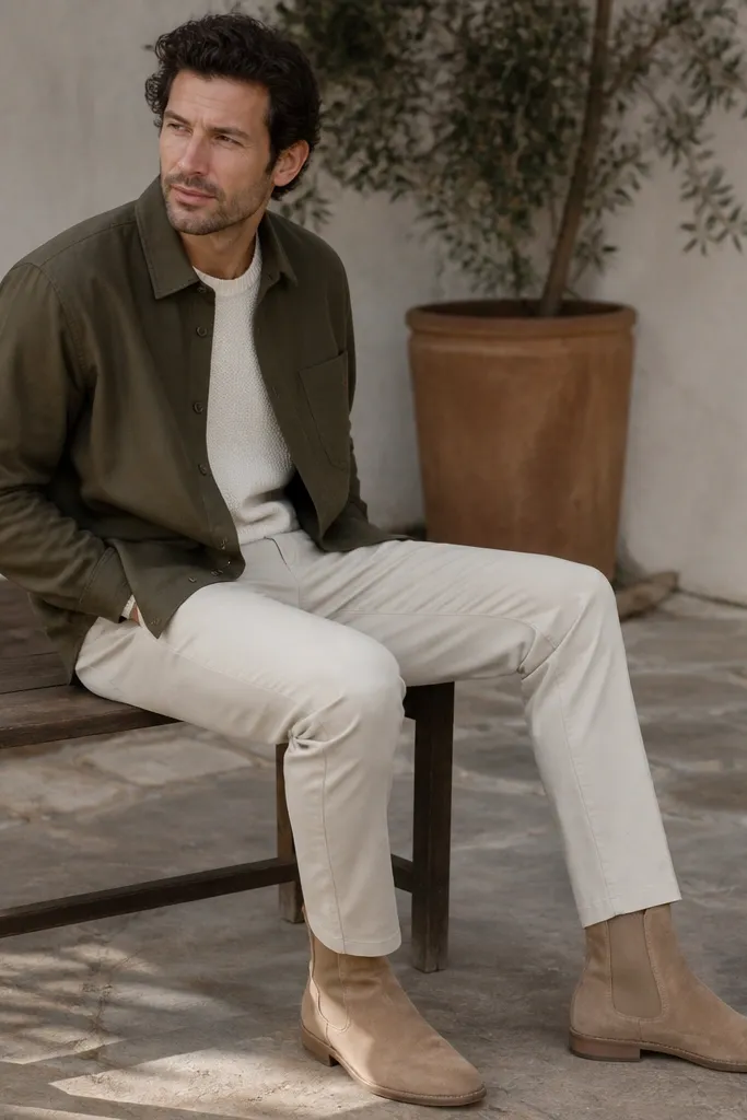 A man in tan Chelsea boots wearing ecru chinos that stop cleanly at the boot top, plus an olive overshirt layered over a cream knit. The image shows the fabric textures clearly: matte canvas overshirt, soft knit underneath, and suede-tan boots.