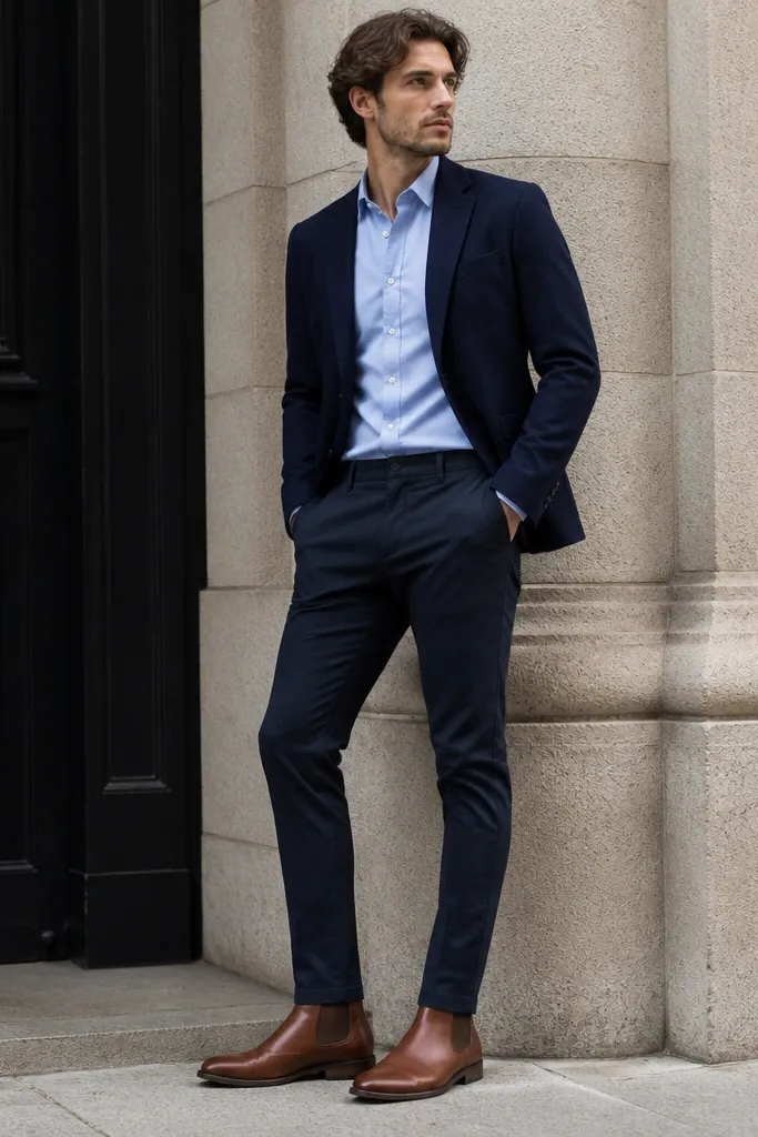 A man wearing chestnut brown Chelsea boots with a navy blazer. The pants are slim navy or dark wash, and a light blue dress shirt is buttoned up. The photo emphasizes the blazer drape and the boot-to-trouser line.