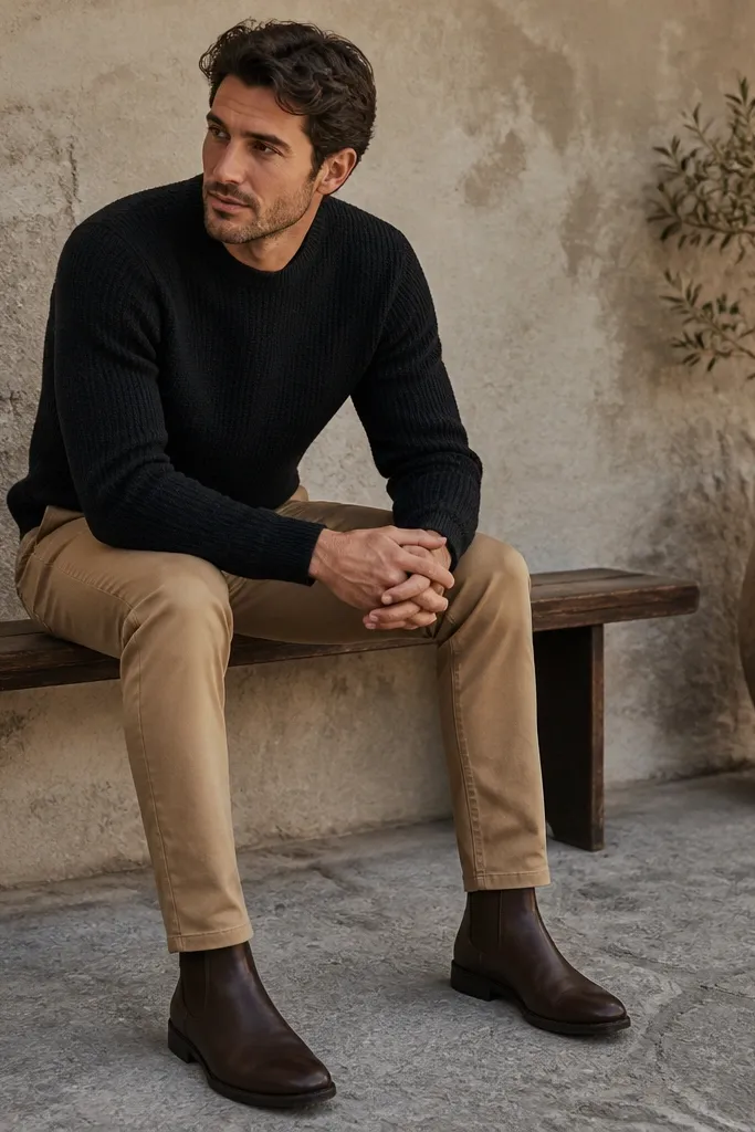 A man wearing dark brown Chelsea boots with camel chinos and a black crewneck knit. The knit texture is visible, and the chinos have a clean tapered shape that shows a small break over the boot.