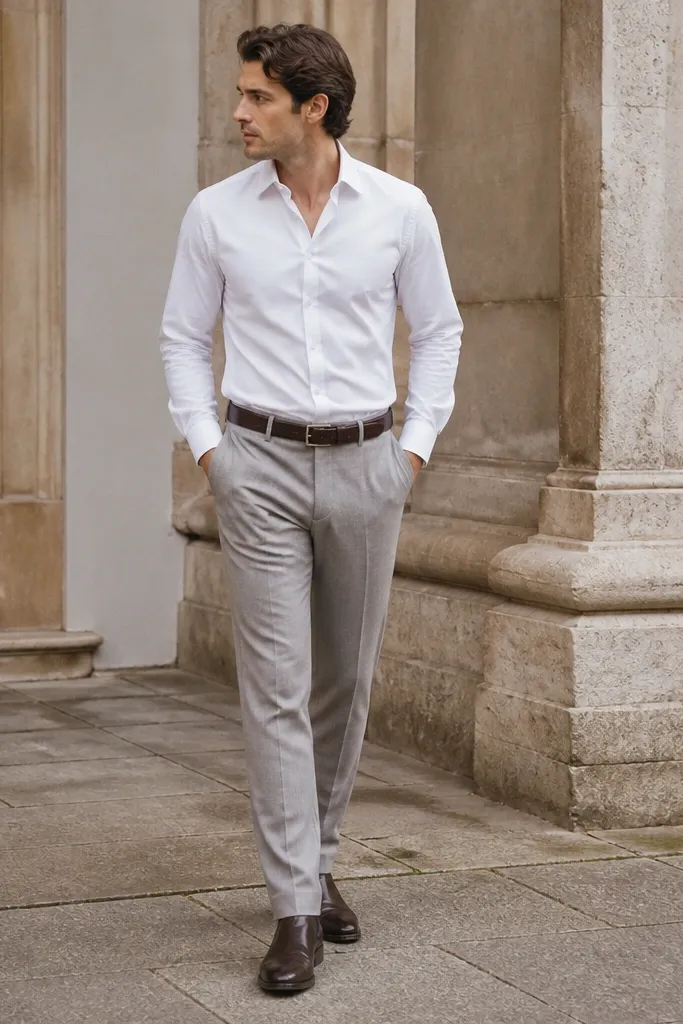 A man in espresso brown Chelsea boots with light gray trousers and a crisp white button-down. The photo shows the shirt tucked cleanly, the trouser break over the boot, and a simple dark belt.