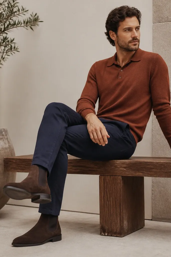 A man wearing brown suede Chelsea boots with navy chinos and a rust-colored knit polo. The suede texture is clear, and the polo has a clean collar without logos.