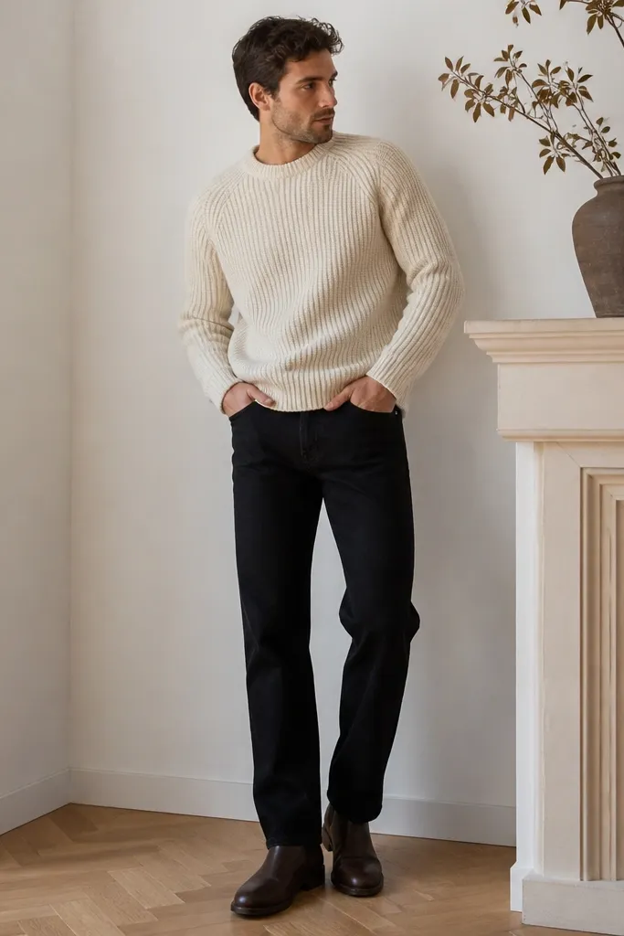 A man wearing chocolate brown Chelsea boots with black straight-leg jeans and a cream chunky sweater. The jeans show a clean straight cut with a slight break over the boot.