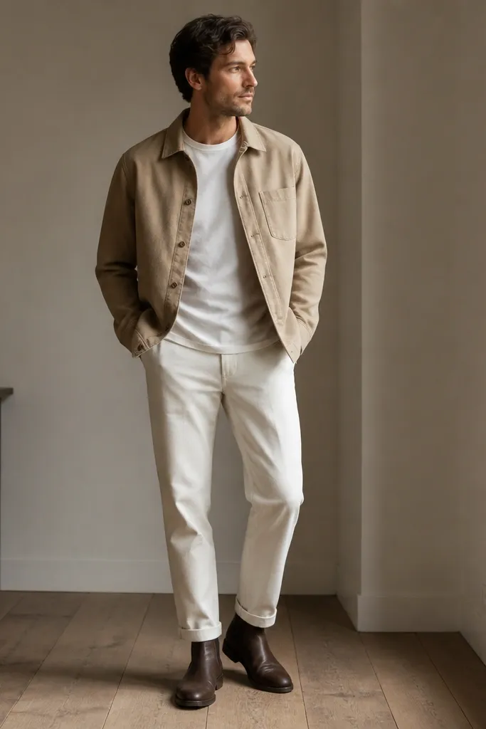 A man wearing dark brown Chelsea boots with sand/beige overshirt, white crew tee, and light wash or off-white trousers. The jeans or trousers have rolled cuffs showing a clean line above the boot.