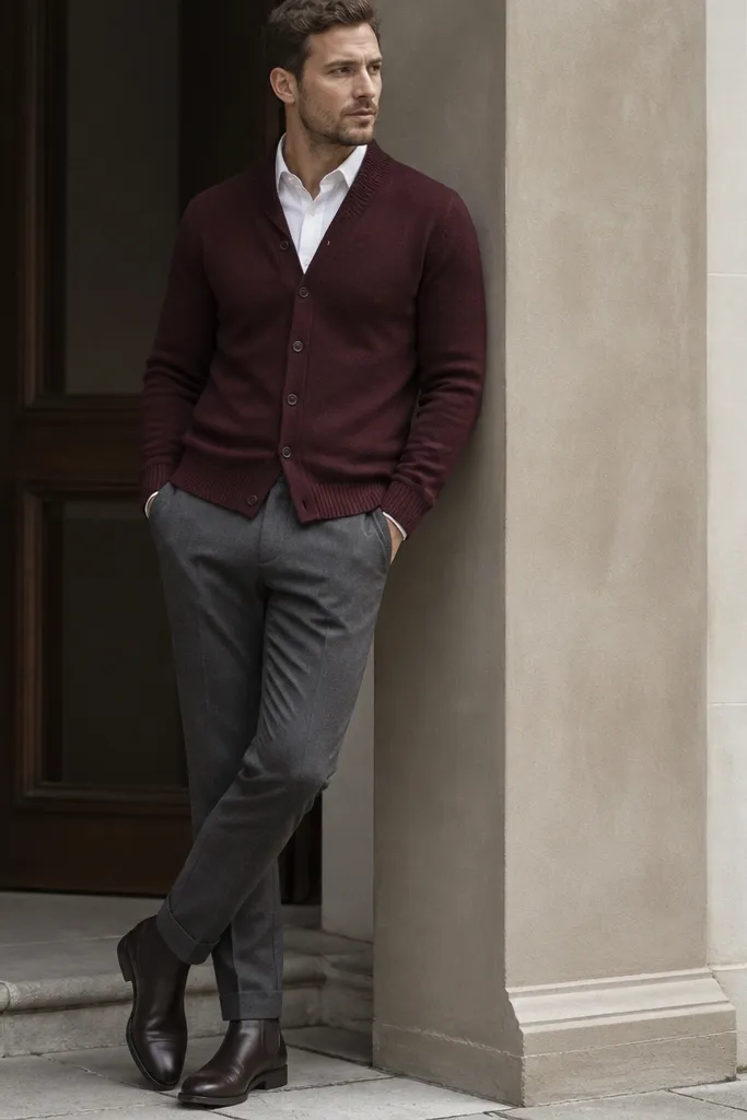 A man wearing espresso brown Chelsea boots with gray chinos and a burgundy cardigan. The cardigan is buttoned and the chinos have a neat taper toward the ankle.