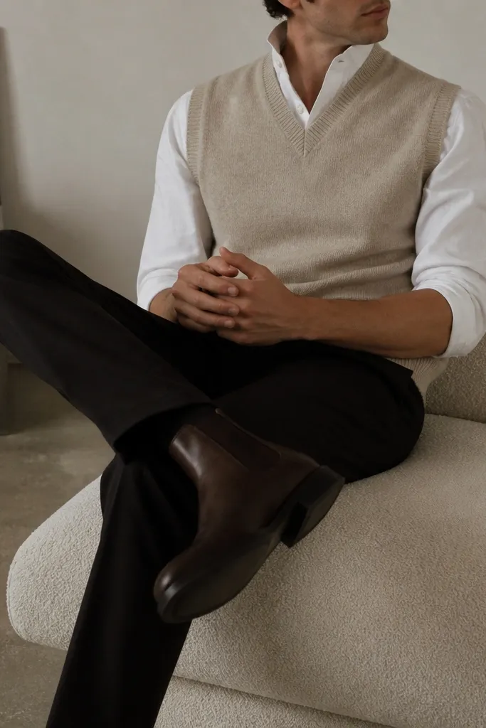 A man wearing dark brown Chelsea boots with black trousers, an oatmeal sweater vest over a crisp white shirt. The photo focuses on the layered neckline and the clean boot-to-pant line.