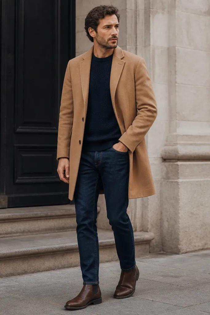 A man in a camel overcoat over a navy knit sweater, dark indigo jeans, and brown Chelsea boots. The photo shows the coat length stopping above the knee and the boots clearly visible below.