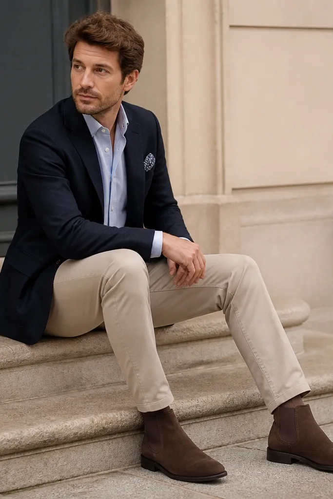 A man wearing brown Chelsea boots with a navy blazer and tailored chinos. The photo includes a visible pocket square with a subtle pattern, and the shirt is light blue or white.