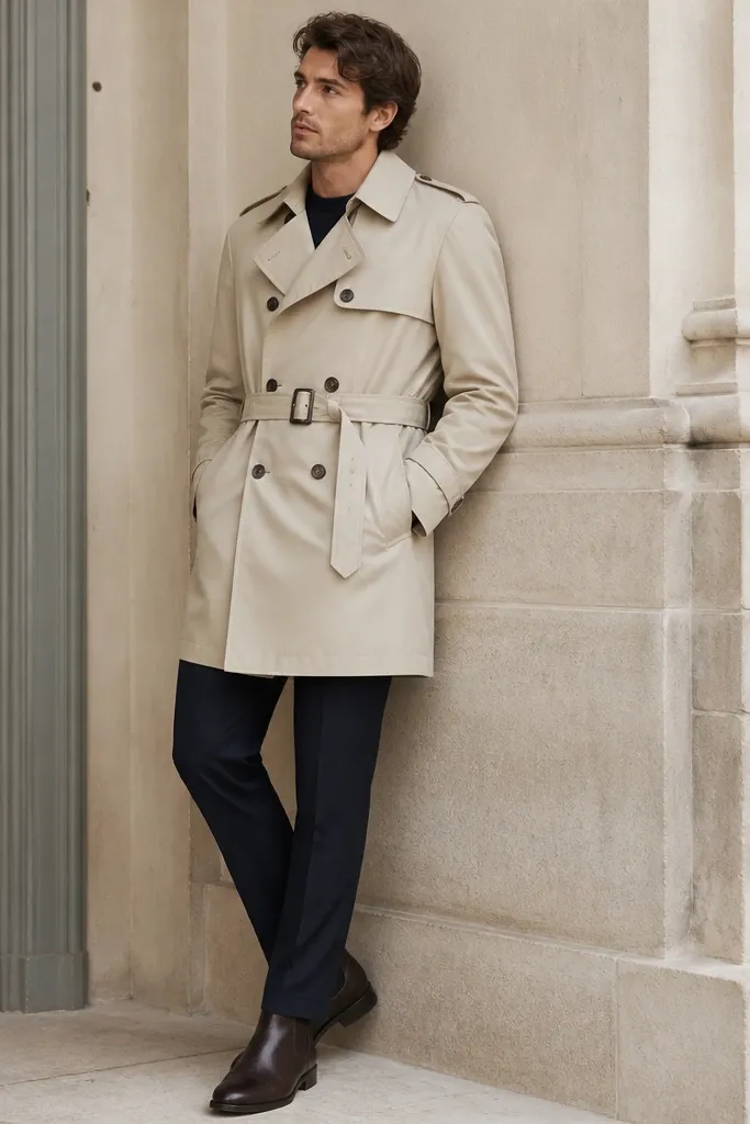 A man wearing a cream trench coat over navy trousers and a dark top, with dark brown Chelsea boots. The trench has a visible belt and storm flap, and the hem ends above the knee.