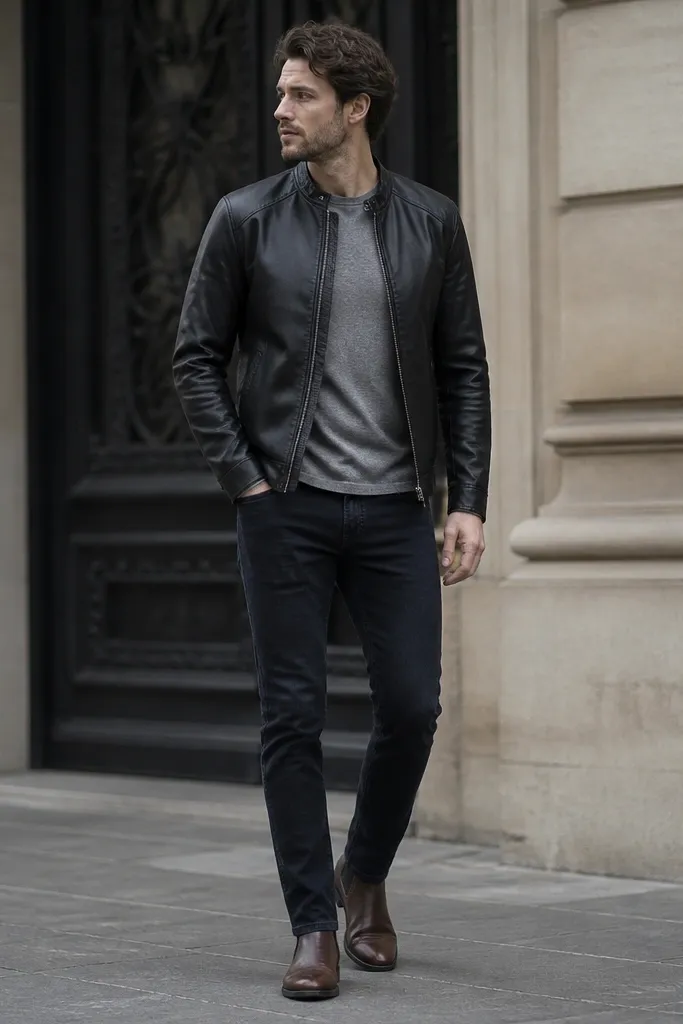 A man wearing brown Chelsea boots with slim dark jeans, a gray crew tee, and a black leather-look jacket. The photo shows the jacket zipper and the boots aligned with the jeans hem.