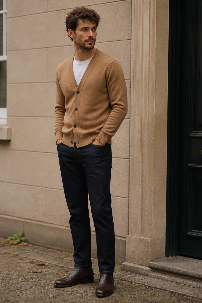 A man wearing espresso brown Chelsea boots with dark jeans and a camel cardigan layered over a plain white T-shirt. The cardigan is buttoned and the outfit is photographed standing outdoors.