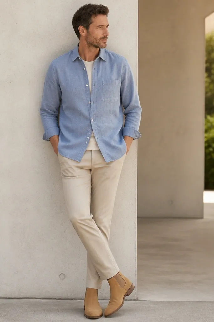 A man wearing tan Chelsea boots with beige chinos and a light blue chambray overshirt. The overshirt is partially buttoned and the chinos show a neat taper to the ankle.