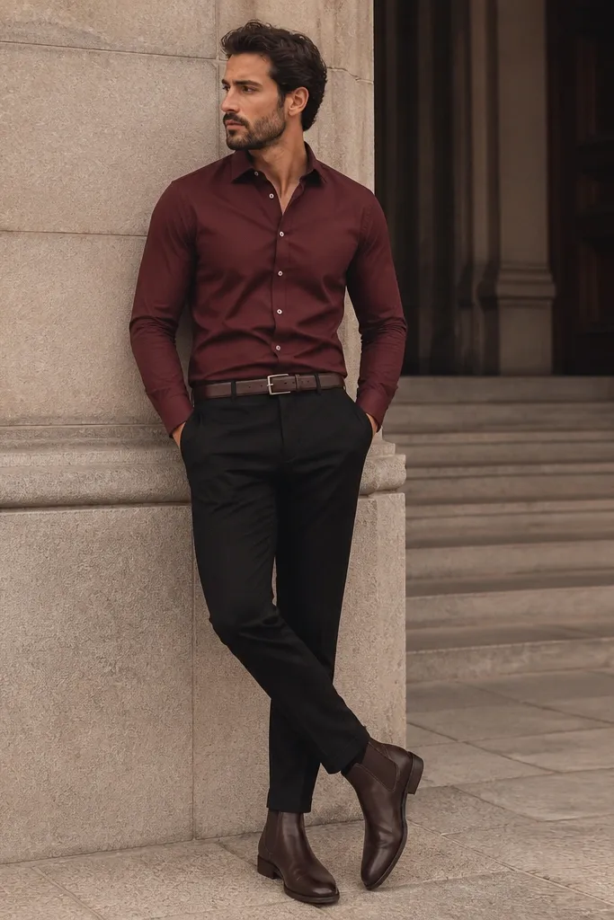 A man wearing dark brown Chelsea boots with black chinos and a burgundy button-up shirt. The shirt is tucked neatly, and the photo highlights the color match between belt and boots.