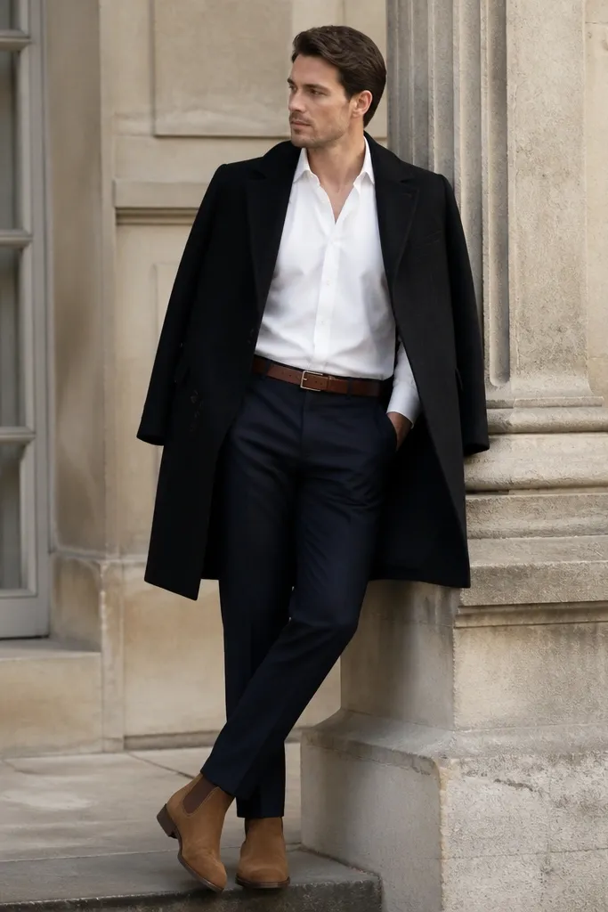 A man in a white button-down shirt tucked into navy wool trousers, wearing tobacco-brown suede Chelsea boots with a low stacked heel. A dark overcoat drapes over the shoulders, and a simple leather belt matches the boot tone.