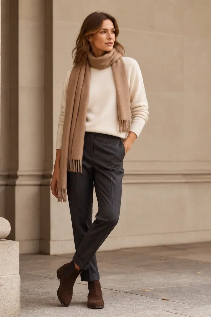 A woman in a cream merino sweater and charcoal tailored chinos, wearing warm cocoa suede Chelsea boots. The outfit is styled with a long camel scarf and minimal jewelry.