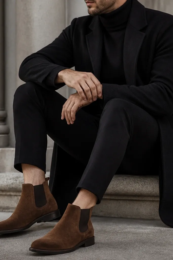 A close-up outfit photo showing chestnut-brown suede Chelsea boots with a black turtleneck and slim, ankle-length black trousers. A long black coat falls straight behind the boots.