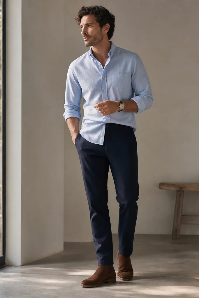A man wearing a light blue oxford shirt, navy chinos with a slight taper, and saddle-brown suede Chelsea boots. The shirt is partly tucked and there's a brown leather watch strap.