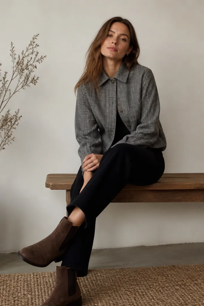 A woman wearing a gray flannel overshirt over a dark top, black straight-leg jeans, and mocha-brown suede Chelsea boots. The overshirt is buttoned at the top two buttons.