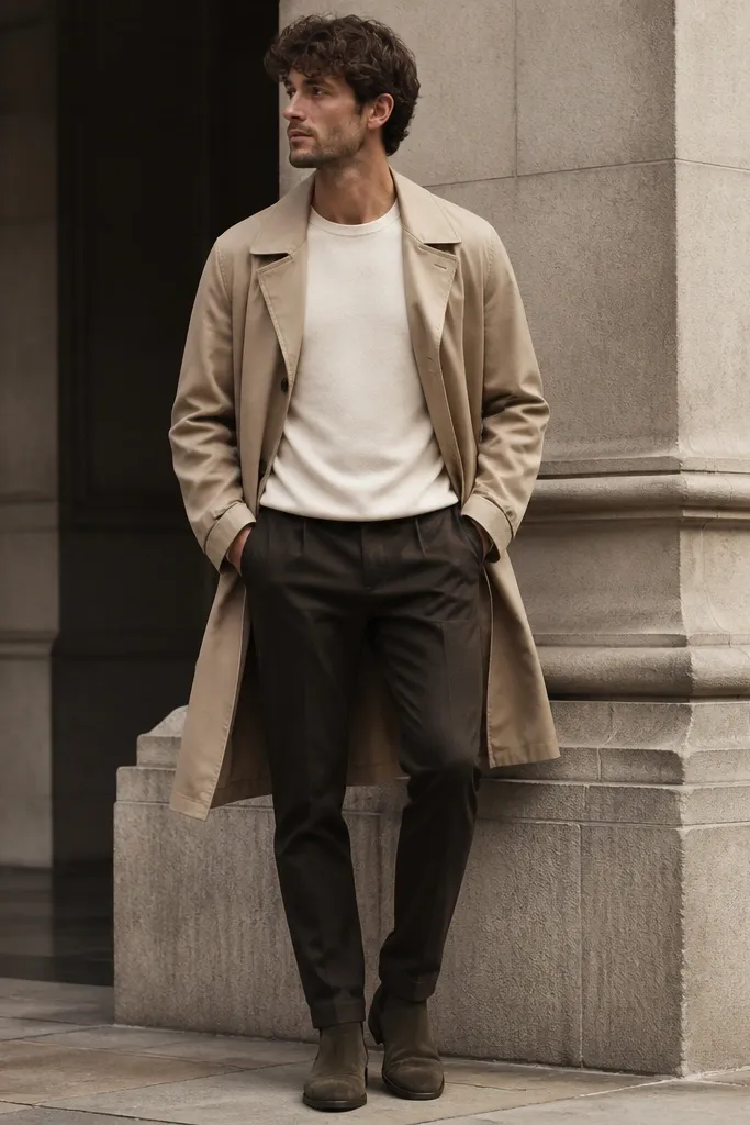 A man in an off-white tee under a tan trench coat, paired with olive-brown suede Chelsea boots. The pants are slim and dark, with the hem slightly broken over the boots.